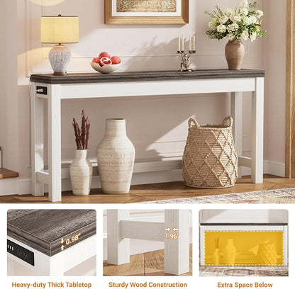 Cyclysio 63" Console Table with Charging Station, 13.8" Deep Farmhouse Sofa Table Behind Couch with 2 AC Outlets & 3 USB Ports, Long Entryway TV Console or Home Office Desk, Oak Grey