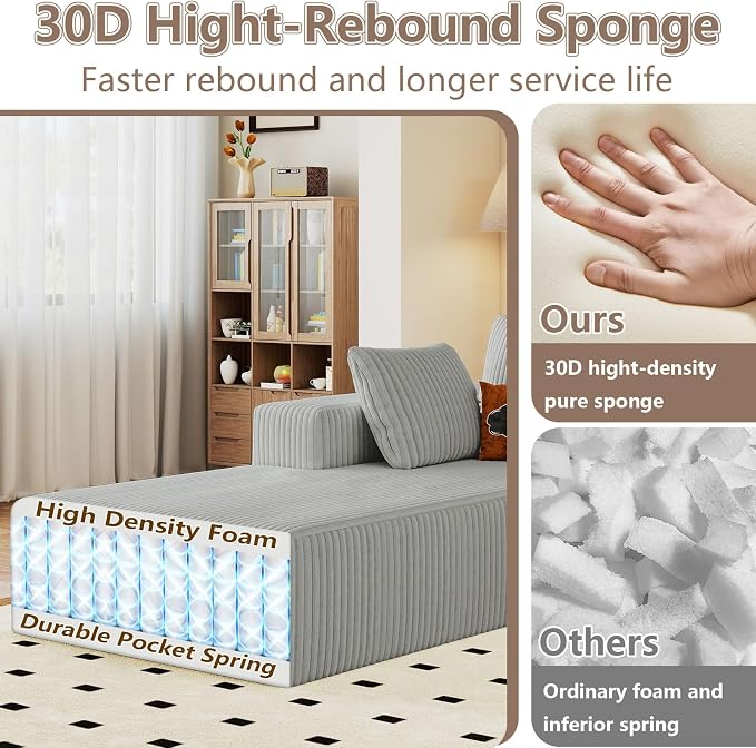 95" Cloud Sectional Couch U-Shaped Chaise with Ottoman, Corduroy Boneless Couch for Living Room Bedroom, Deep-Seat Upholstered Modular Cloud Sofa, No Assembly Required (Light Grey, Left Facing Chaise)