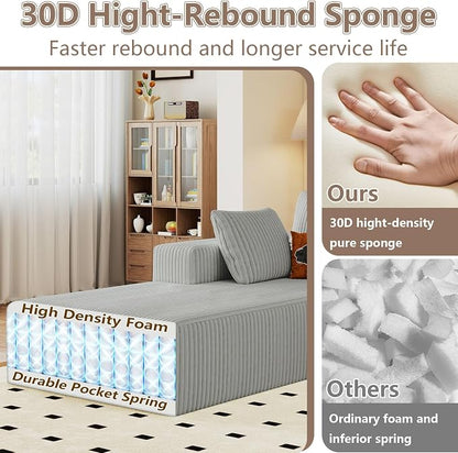 95" Cloud Sectional Couch U-Shaped Chaise with Ottoman, Corduroy Boneless Couch for Living Room Bedroom, Deep-Seat Upholstered Modular Cloud Sofa, No Assembly Required (Light Grey, Left Facing Chaise)