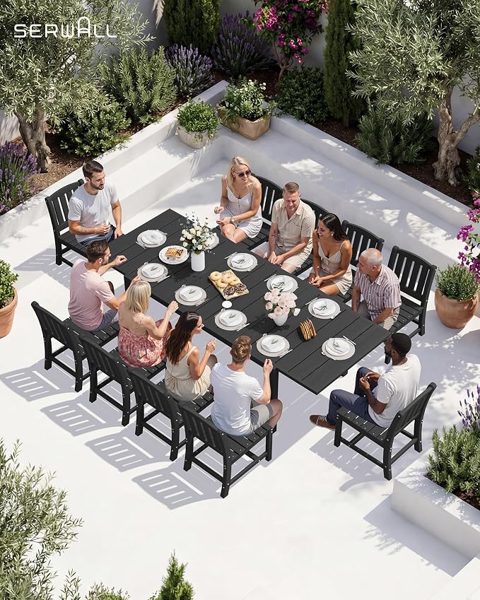 SERWALL Outdoor Patio Dining Set for 6, Black | 60" - 83" Expandable Outdoor Dining Table and 6 HDPE Chairs, All Weather Material Outdoor Furniture Set Backyard, Garden
