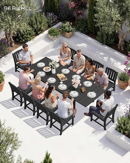 SERWALL Outdoor Expandable Dining Table 60" - 83", Black | Patio Dining Table for 4-8 People, All Weather HDPE and Aluminum Outdoor Furniture
