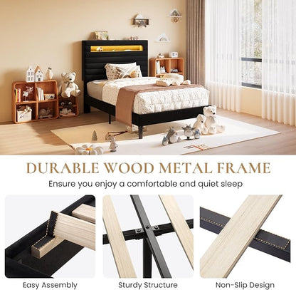 SHA CERLIN Twin Bed Frame with LED Light & 2-Tier Storage Shelf, Velvet Upholstered Adjustable Headboard with Charing Station, Horizontal Channel Tufted, No Box Spring Needed, Easy Assembly, Black