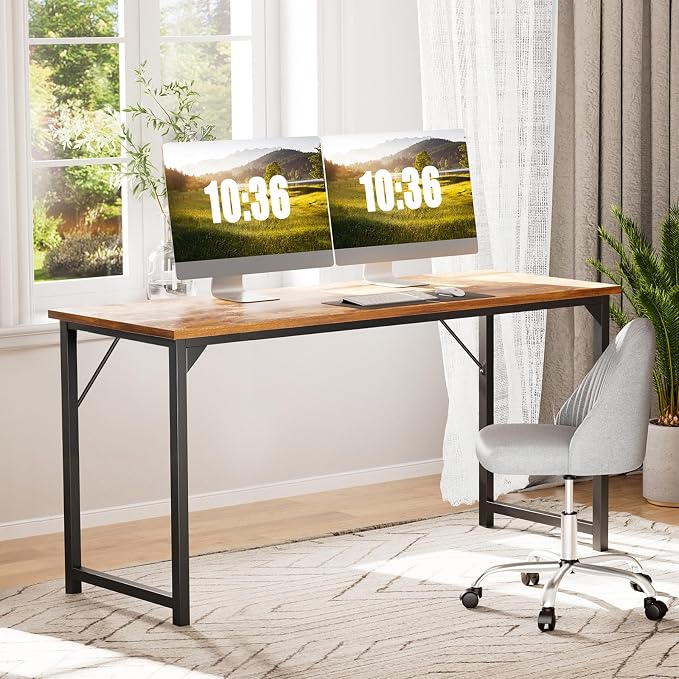 Sweetcrispy Small Computer Office Desk 63 Inch Student Study Writing Work with Metal Frame Wood Tabletop Modern Simple Home Bedroom PC Table Perfect for Small Spaces - Brown