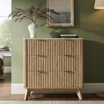 T4TREAM Fluted 3 Drawers Nightstand, Oversized Extra Large Modern Side Table with Faux Marble Top, End Table Bedside for Bedroom, Living Room, Curved Profile Design, Natural Oak
