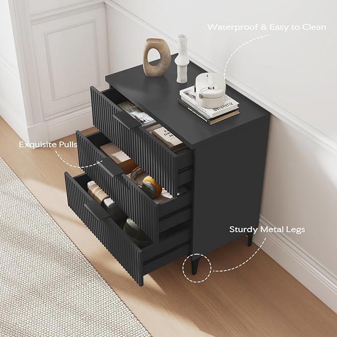 25.6" W Black Fluted Nightstand with 3 Drawer, Modern Wood Night Stands Bedside Table for Bedroom King/Queen Bed, End Table with Robot-Friendly Legs for Living Room,Entry