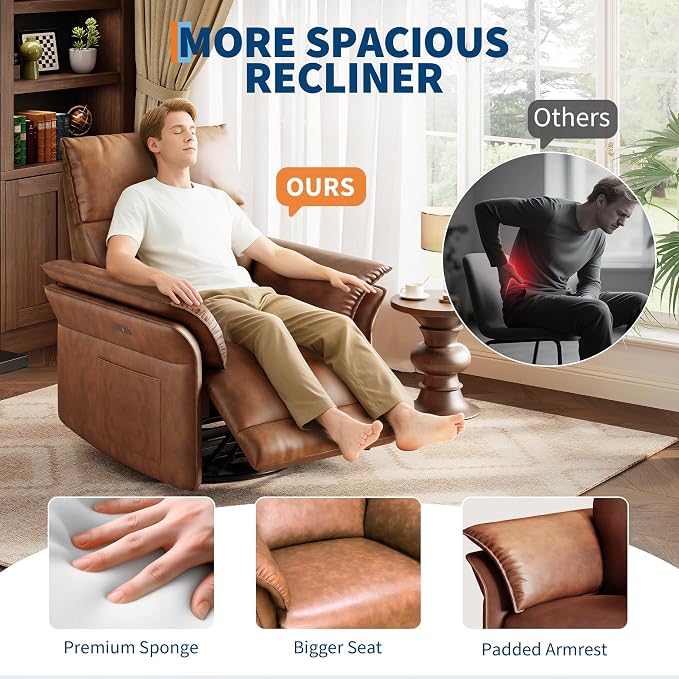 Power Recliner Chair with Side Pockets, 270° PU Leather Swivel & Glider Rocker Armchair with USB Charging Port and Thickened Dual-Layer Armrests, Modern Recliner for Living Room&Nursery (Walnut)