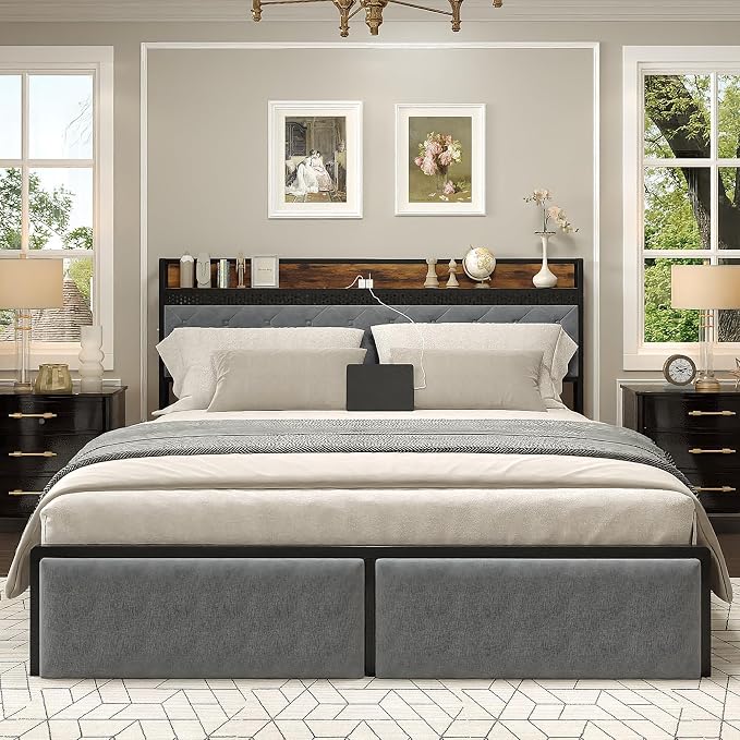 IDEALHOUSE King Size Bed Frame with Storage Headboard and 2 Drawers, Platform Metal King Bed Frame with LED Lights and Charging Station, Noise Free, No Box Spring Needed, Grey