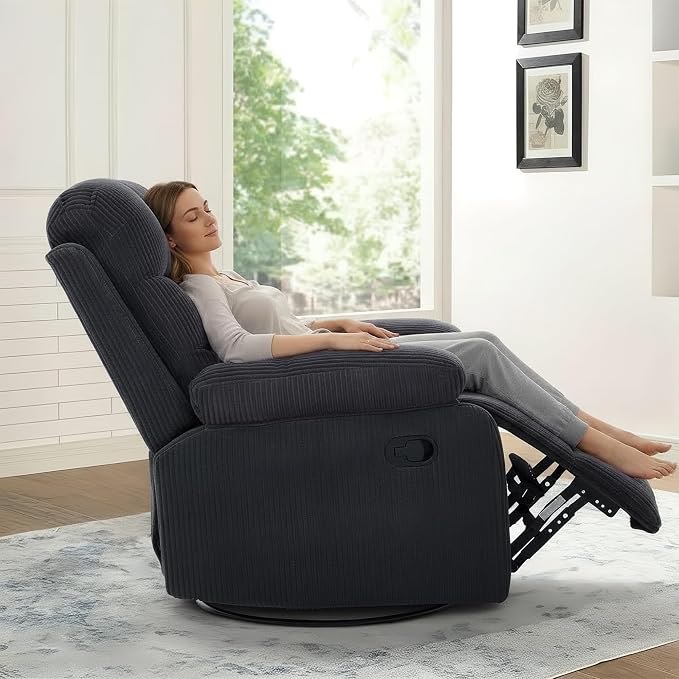 Rocking Recliner Chair,Modern Swivel Glider Recliner Chair,Corduroy Fabric Upholstery Recliner,Manual Reclining Sofa Chair for Living Room,Office,Apartment (Dark Grey)