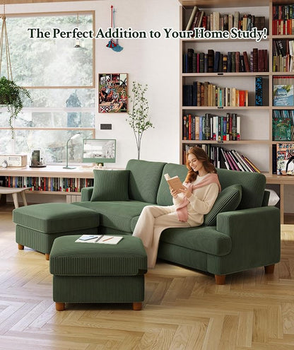 Welzona 25.2" Couches for Living Room, Comfy Green Ottoman with Storage, Foot Rest Tool-Free Setup, Small Ottoman Foot Rest for Couch, Corduroy Couch for Bedroom, Apartment, Office