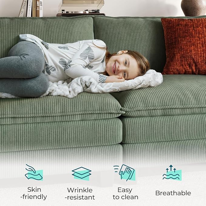 LINSY HOME 90" Modular Cloud Love Seat Sofa, Corduroy Soft Sectional Couch, Modern Comfy Love Seat, Perfect for Living Room, Apartment, Office, Green