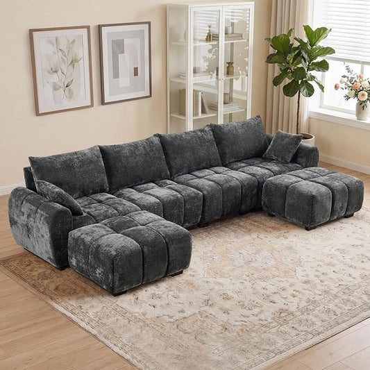 143" Oversized U Shaped Cloud Modular Sectional Sofa, Modern Chenille Upholstered 6 Seater Couch with 2 Removable Ottomans, Tufted Deep Seat & Wood Legs, Large Grey Sectional Couches for Living Room