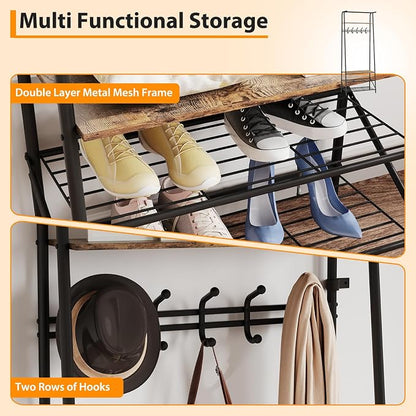 Jojoka Coat Rack Hall Tree with Shoe Storage Bench, 4-in-1 Entryway Organizer with 10 Hooks & 3-Tier Shoe Rack, Sturdy Metal Frame Freestanding Storage Unit for Hallway, Front Door & Mudroom