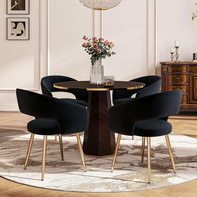 Hyfirm Set of 4 Black Velvet Dining Room Chairs, Modern Accent Chairs with Gold Legs & Hollow Back, Upholstered Kitchen Chair for Living Room/Reception/Restaurant