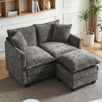 52'' Loveseat Sofa with Ottoman, Cloud Sofa Couch with 27" Deep Seat & 2 Pillows, Modern Comfy Chenille Small Couch for Small Spaces, Apartment, Studio, Bedroom, Living Room
