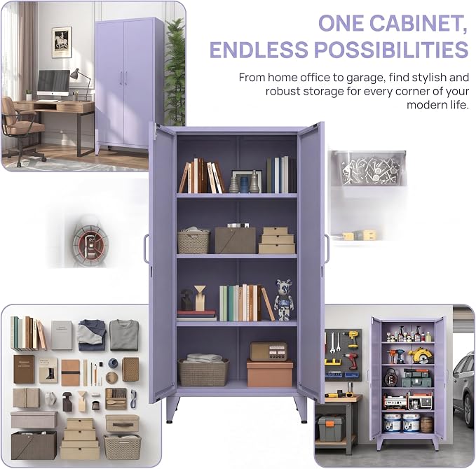 Purple Metal Pantry Cabinet with Lock,Freestanding Steel Storage Locker with 3 Adjustable Shelves,Heavy Duty Metal Storage Cabinet for Kitchen, Living Room,Laundry,Garage 61" H X 27.6" W X 13.8" D
