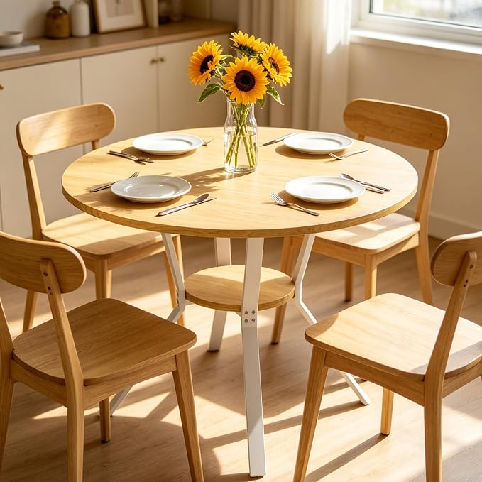 Dining Table for 2-4, 43“ Round Dining Room Kitchen Table with Storage,Round Table for Living Room,Fluted Wood Table,Oval Dinner Furniture with Adjustable feet (Oak, 43 Inch)