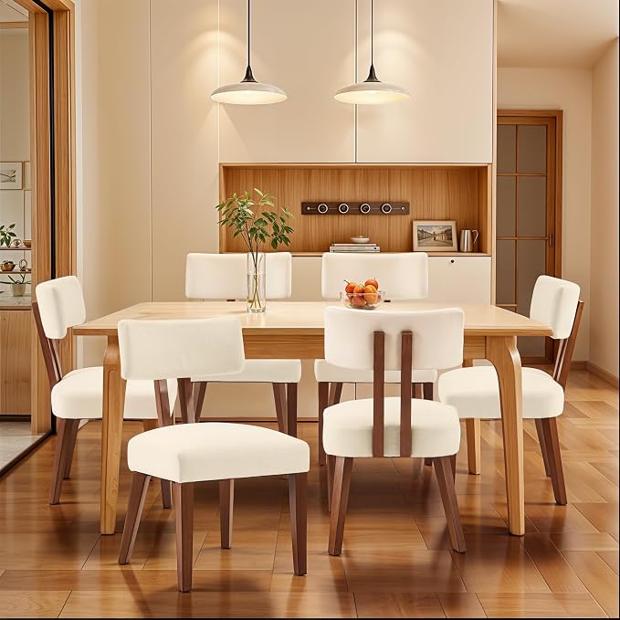 MOJAY Mid Century Modern Dining Chairs Set of 6, Farmhouse Linen Fabric Kitchen Chair Side Chairs with Curved Backrest for Kitchen, Dining Room, Restaurant, or Patio, Off-White