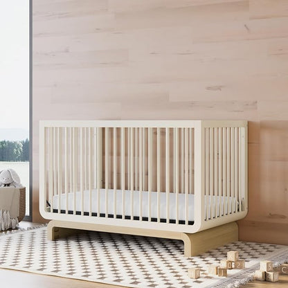 Storkcraft Santorini 5-in-1 Convertible Crib with Toddler Guardrail – GREENGUARD Gold Certified, Conversion Kit Included, 100% Solid Wood, Fits Standard Crib Mattress (Frosted Oat and Driftwood)