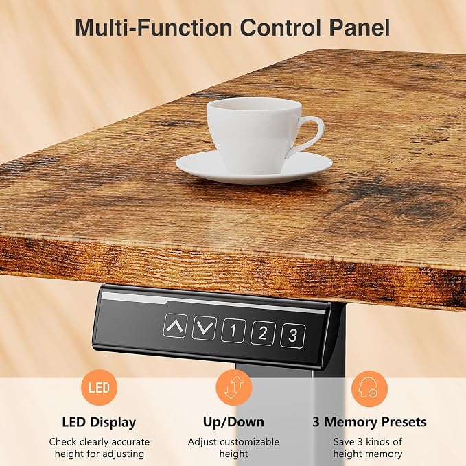 Sweetcrispy Electric Standing Desk Adjustable Height, 48x24 Inch Sit Stand Up Home Office Desks Computer Workstation PC Work Table with 3 Memory Preset Splice Wood Board Metal Frame, Rustic