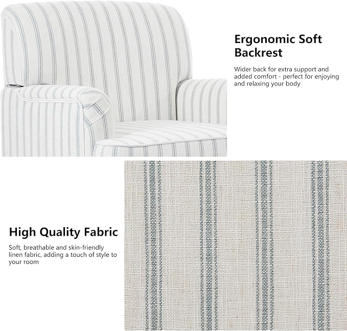 Accent Chair, Mid Century Modern Comfy Armchair for Living Room, Linen Fabric Single Sofa Lounge for Reading Bedroom Apartment Waiting Room with Wood Legs (Pinstripe Light Blue, Set of 2)