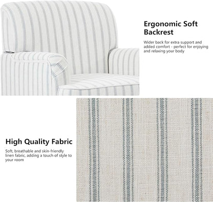 Accent Chair, Mid Century Modern Comfy Armchair for Living Room, Linen Fabric Single Sofa Lounge for Reading Bedroom Apartment Waiting Room with Wood Legs (Pinstripe Light Blue, Set of 2)