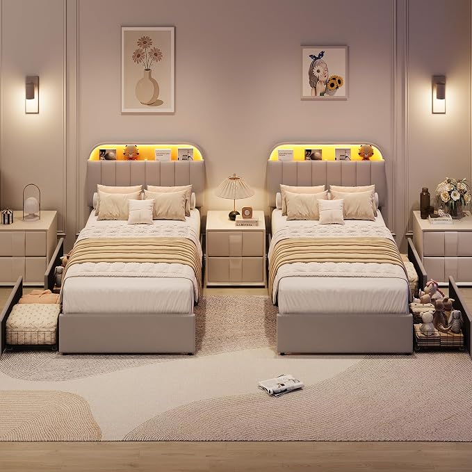 GarveeHome Twin XL Bed Frame with Storage Headboard, Kids Bed Frame with 2 Drawers, Velvet Upholstered Platform Bed Frame with Lights, No Box Spring Needed, Easy Assembly, Velvet Grey