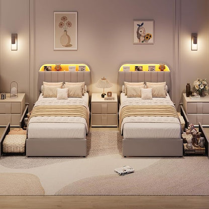 GarveeHome Twin XL Bed Frame with Storage Headboard, Kids Bed Frame with 2 Drawers, Velvet Upholstered Platform Bed Frame with Lights, No Box Spring Needed, Easy Assembly, Velvet Grey