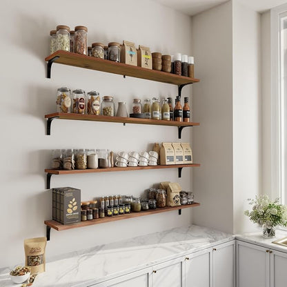 12 Inch Deep Floating Shelves Set of 4, 60 Inch Extra Long Brown Solid Wood Wall Shelves, 5ft Heavy Duty Farmhouse Wall Mounted Shelving for Kitchen, Living Room & Bedroom