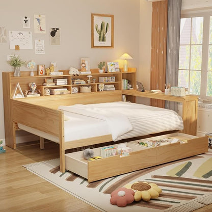 Merax Full Size Wood Daybed, Corner Bed Frame with Storage Shelves, 2 Drawers & Study Desk & Built-in Workspace, Multi-Functional Wooden Bed Space-Saving for Bedroom, Dorm, Guest Room, Natural