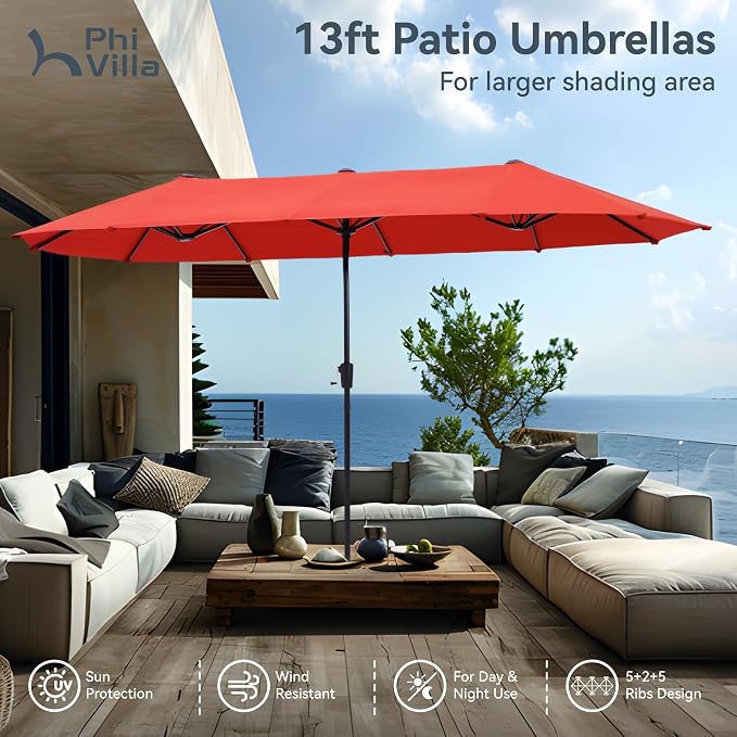PHI VILLA 8 Piece Outdoor Dining Set with 13ft Patio Orange Red Umbrella, 6 Swivel Textilene Fabric Dining Chairs & 1 Large Metal Table for Garden Backyard Poolside Deck (No Umbrella Base)