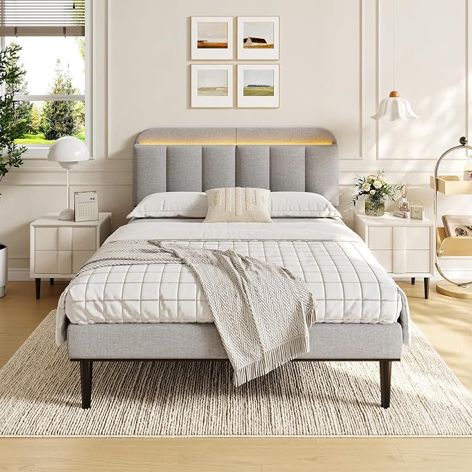 Adjustable Headboard for Full/Queen Size Bed Frame, Linen Fabric Bed Headboard with Storage & RGB LED Light in Modern Vertical Channel Design, Light Grey