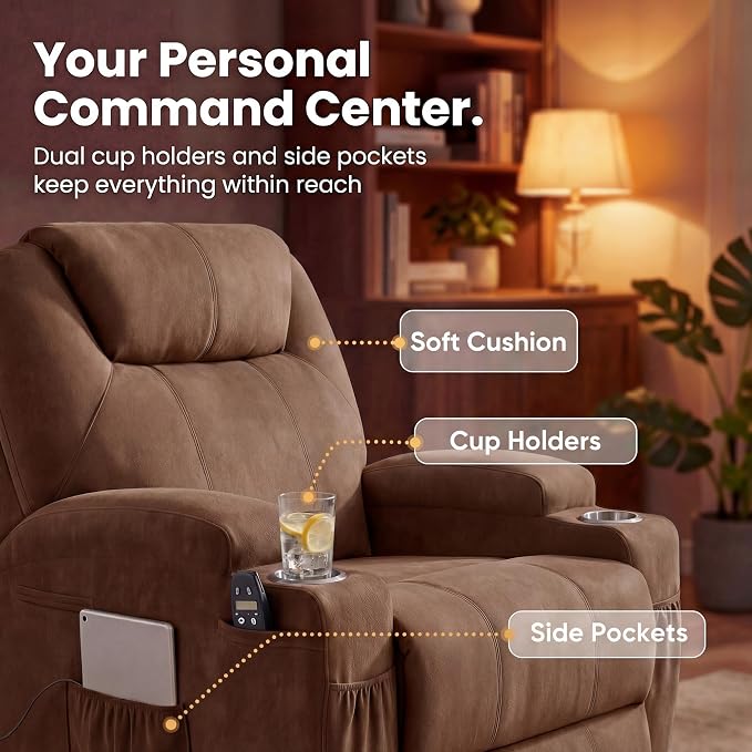 JUMMICO Small Swivel Rocker Recliner, 360 Rocking Chair Recliner with Massage, Upholstered Fabric Rocker Recliner with Cup Holder for Living Room, Bedroom, Nursery (Brown)