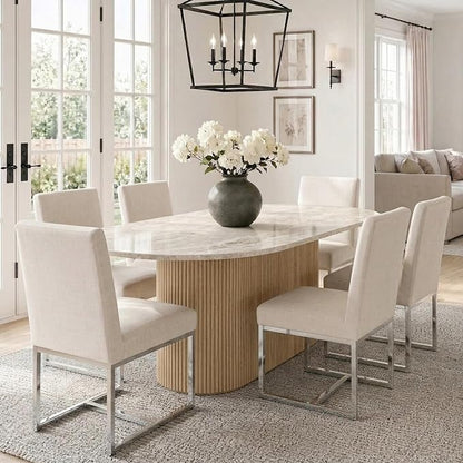 HNY Modern Dining Chairs Set of 6, Upholstered Linen Dining Room Chairs with Ergonomic Back & Polished Silver Metal Frame for Home, Kitchen, Apartment, Cream