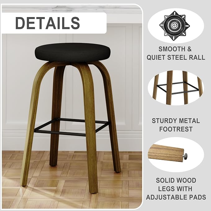 Bar Stools Set of 2, Counter Height Backless Bar Stools, 30" Swivel Barstools Kitchen Chair with Upholstered Fabric Seat, Black