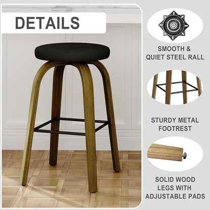 Bar Stools Set of 2, Counter Height Backless Bar Stools, 30" Swivel Barstools Kitchen Chair with Upholstered Fabric Seat, Black