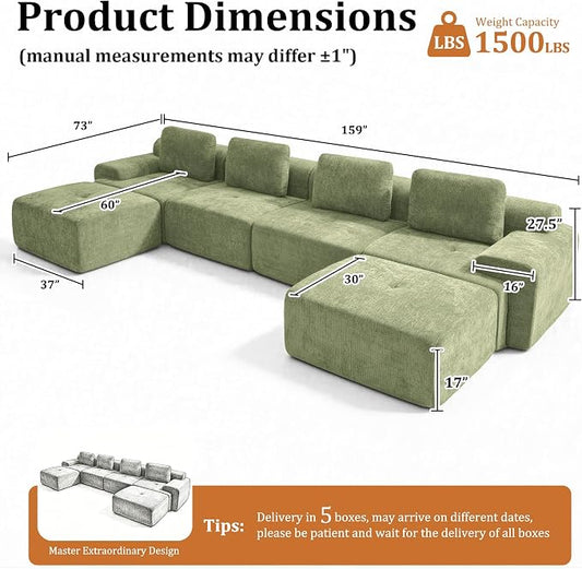 159" U-Shaped Modular Sectional Sofa, Oversized Boneless Cloud Couch for Living Room with Extra Deep Seat & High Back, Tool-Free No Assembly, Soft Chenille (Olive Green, 159 inch-U shaped（4+2）)