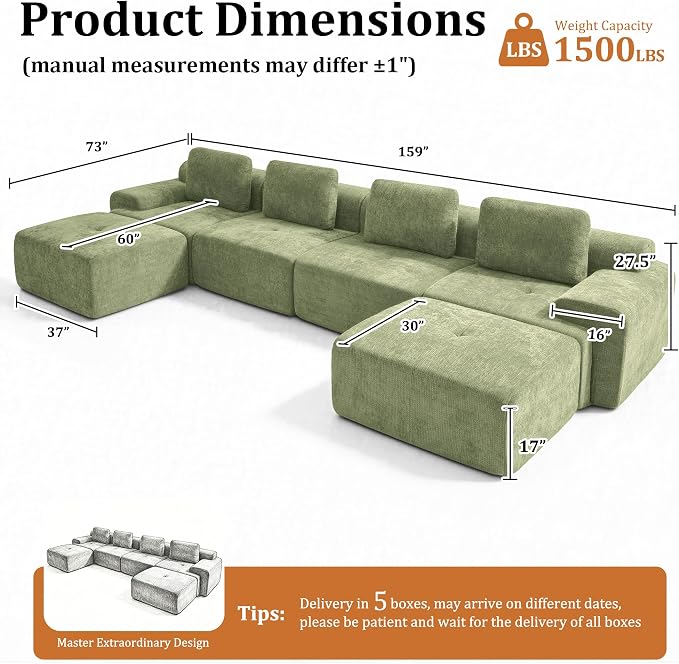 159" U Shaped Oversized Cloud Couch, Comfort Boneless Sectional Couches for Living Room, Modular Sofa High Back & Extra Deep Seat, No Assembly, Chenille(Olive Green, 159 inch-U Shaped（4+2）)