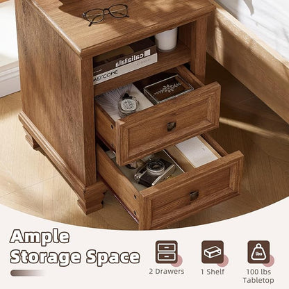 SAVOR LIFE Farmhouse Night Stand with Charging Station, Antique Bedside Table with Open Shelf & Thick Tabletop & Square Wooden Legs, Brown