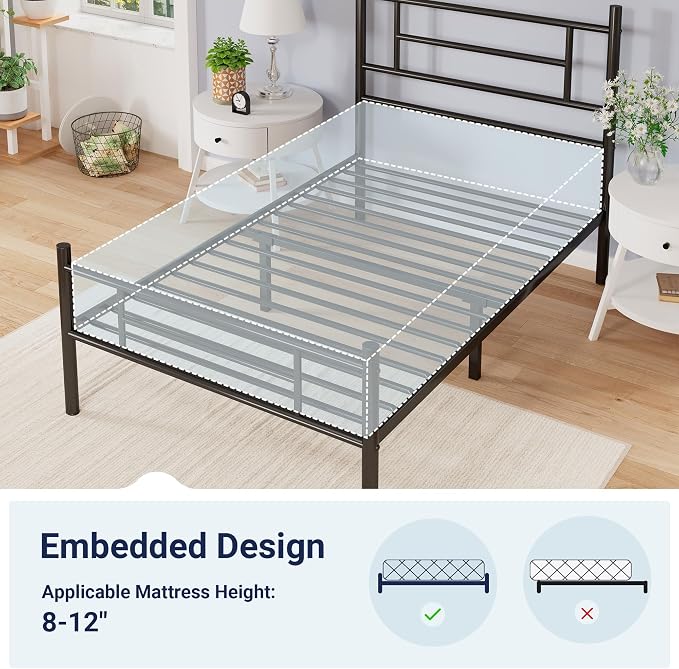 Allewie 14 Inch Twin Size Metal Platform Bed Frame with Headboard and Footboard, Underbed Storage, Strong Metal Slats Support, Mattress Foundation, No Box Spring Needed, Easy Assembly, Black