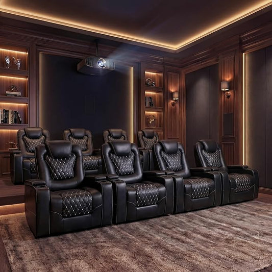 ANJ Power Recliner Chair Set of 8, Electric Soft Faux Leather Reclining Home Theater Seating - USB Ports, Cup Holders, Hidden Arm Storage Movie & Media Room Chairs (Black)
