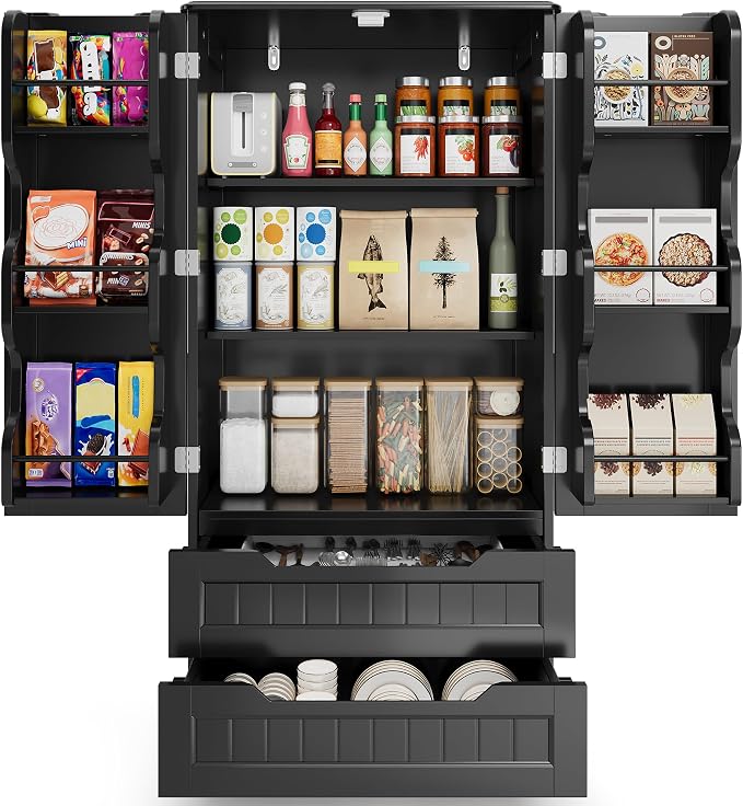 Gizoon Kitchen Pantry Cabinet with Drawers, 47" Small Food Pantry Storage Cabinet with 6 Door Shelves for Snack and Spice, Freestanding Craft Storage Cabinet for Craft Room, Black, Painted