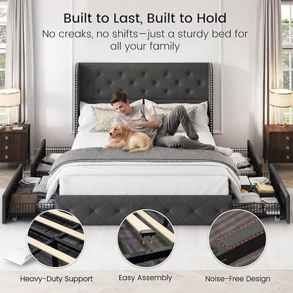 LARMACE Full Size Bed Frame with 4 Storage Drawers and 47.2" Tall Wingback Headboard Linen Upholstered Platform Bed Frame Tufted Beds with Wooden Slats Support, Easy Assembly, Dark Grey