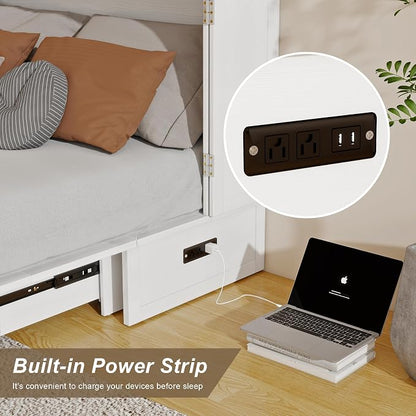Solid Wood Murphy Bed Cabinet：Queen Size Murphy Bed with USB Charging Station and Large Storage Drawer for Home，Optimize Sleeping Space（Mattress Not Included） White Brown-14