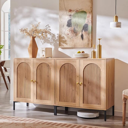 IFGET Modern Buffet Cabinet with Storage, 61.75" W Fluted Arched Sideboard Cabinet w/Adjustable Shelves, Wooden Modular Coffee Bar for Dining Room, Kitchen, Living Room, Entryway, Natural