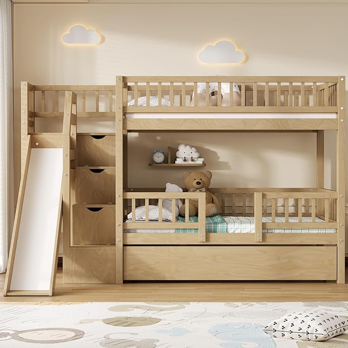 RUNNA Twin Over Twin Bunk Bed with Slide,Trundle,Storage Stairs,Walnut | Twin over twin bunk bed with slide,trundle,storage stairs,solid pine wood frame, guardrails,no box spring needed,walnut