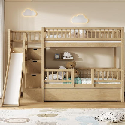 RUNNA Twin Over Twin Bunk Bed with Slide,Trundle,Storage Stairs,Walnut | Twin over twin bunk bed with slide,trundle,storage stairs,solid pine wood frame, guardrails,no box spring needed,walnut