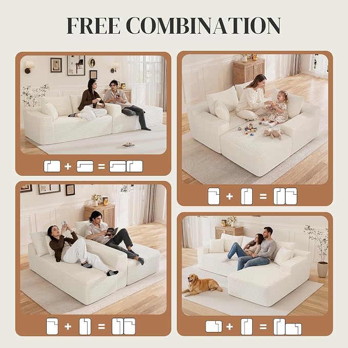 108" L Shaped Cloud Boneless Sectional Couches for Living Room, Modern Comfy Modular Deep Seat Memory Foam Compressed Corduroy Sofa Oversized Right Facing Chaise, No Assembly Required, White