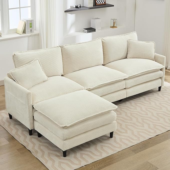 113" Chenille Modular Sectional Sofa, Convertible L Shaped Modular Sofa Comfy Cloud Couch with Ottoman, Side Pockets and 5 Throw Pillows for Living Room (Corduroy White, 113'' - 4 Seat)
