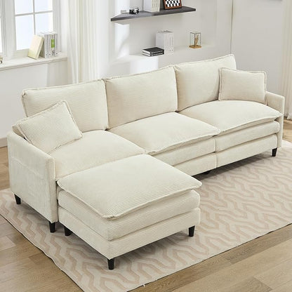 113" Chenille Modular Sectional Sofa, Convertible L Shaped Modular Sofa Comfy Cloud Couch with Ottoman, Side Pockets and 5 Throw Pillows for Living Room (Corduroy White, 113'' - 4 Seat)