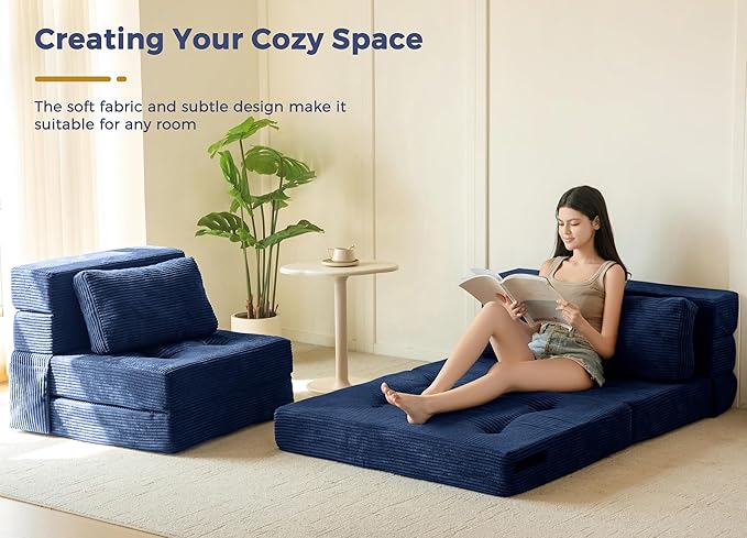 MAXYOYO Convertible Sofa Bed, Fold Out Sofa Couch with Pillow, 4 in 1 Tufted Folding Couch Bed Foam Floor Couch, Lazy Chair for Living Room Bedroom Guest Room, Navy